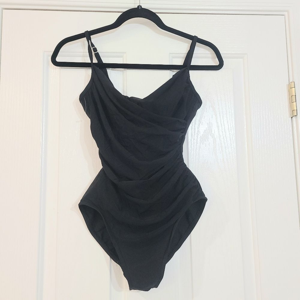 Miraclesuit Shirred Black Wired Built in Bar One Piece Swimsuit Size 12